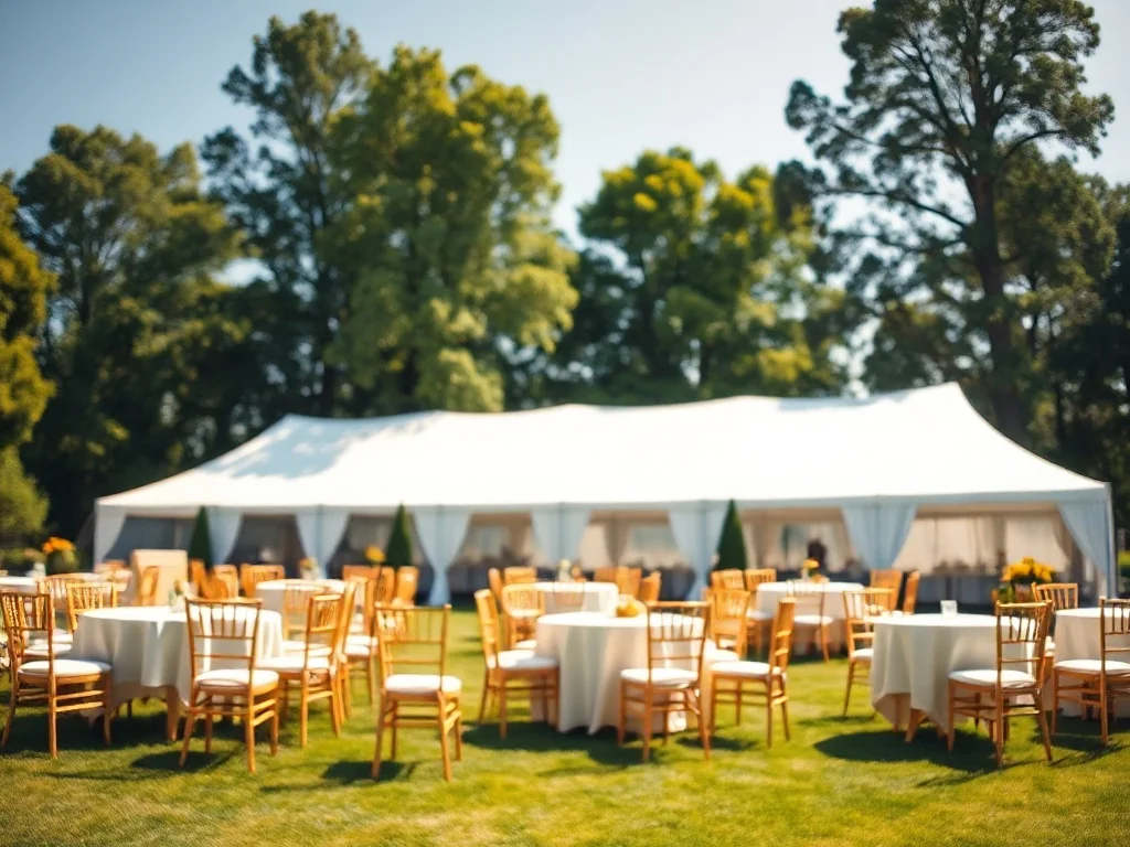 Elegancki biały namiot eventowy ustawiony w zielonym ogrodzie, przygotowany na przyjęcie dla gości.