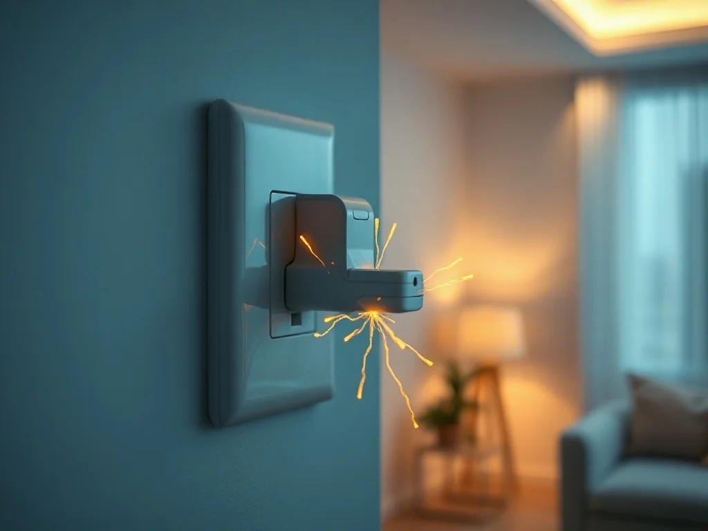 Nowoczesne gniazdko elektryczne z wpiętą wtyczką, wokół której widoczne są delikatne złote iskry energii.